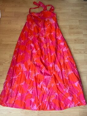 B.right Orange & Pink Tropical Tencel Halter Tie Backless Maxi Dress Size Large